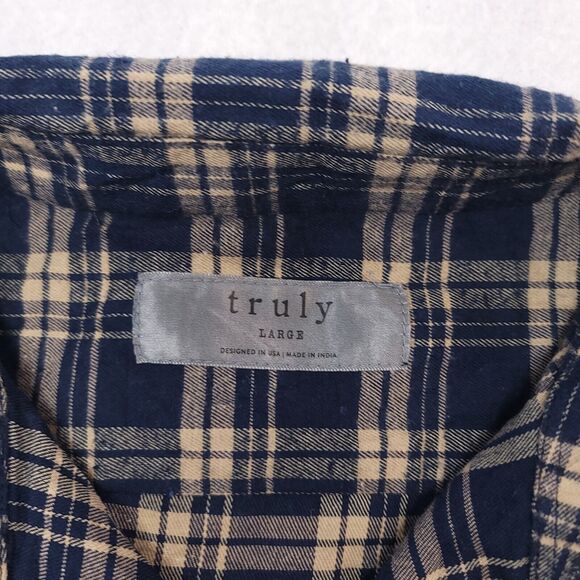Truly Madras Flannel Casual Button Up Shirt Mens Size Large L Blue Beige - Picture 3 of 10